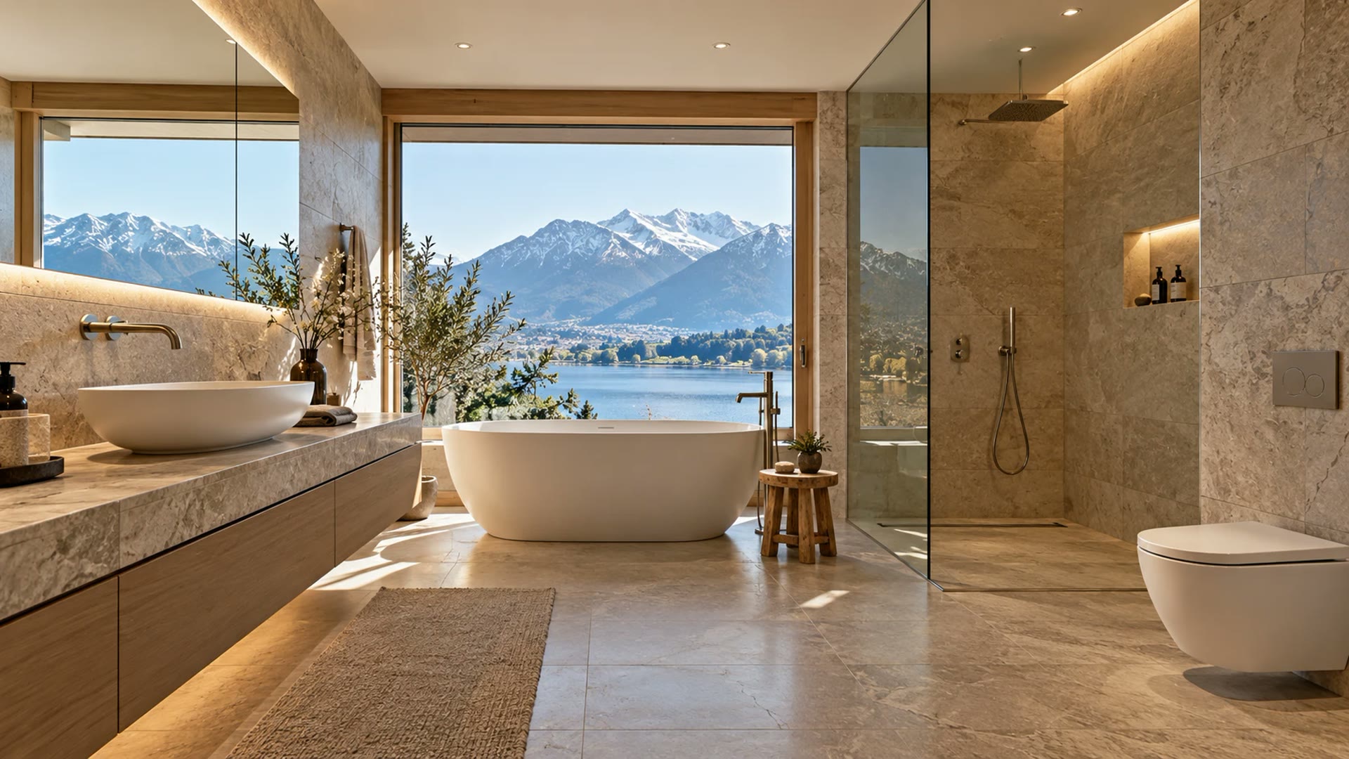 Modernes Bad mit freistehender Wanne, Steinfliesen und Blick auf See und Berge, KI-Visualisierung