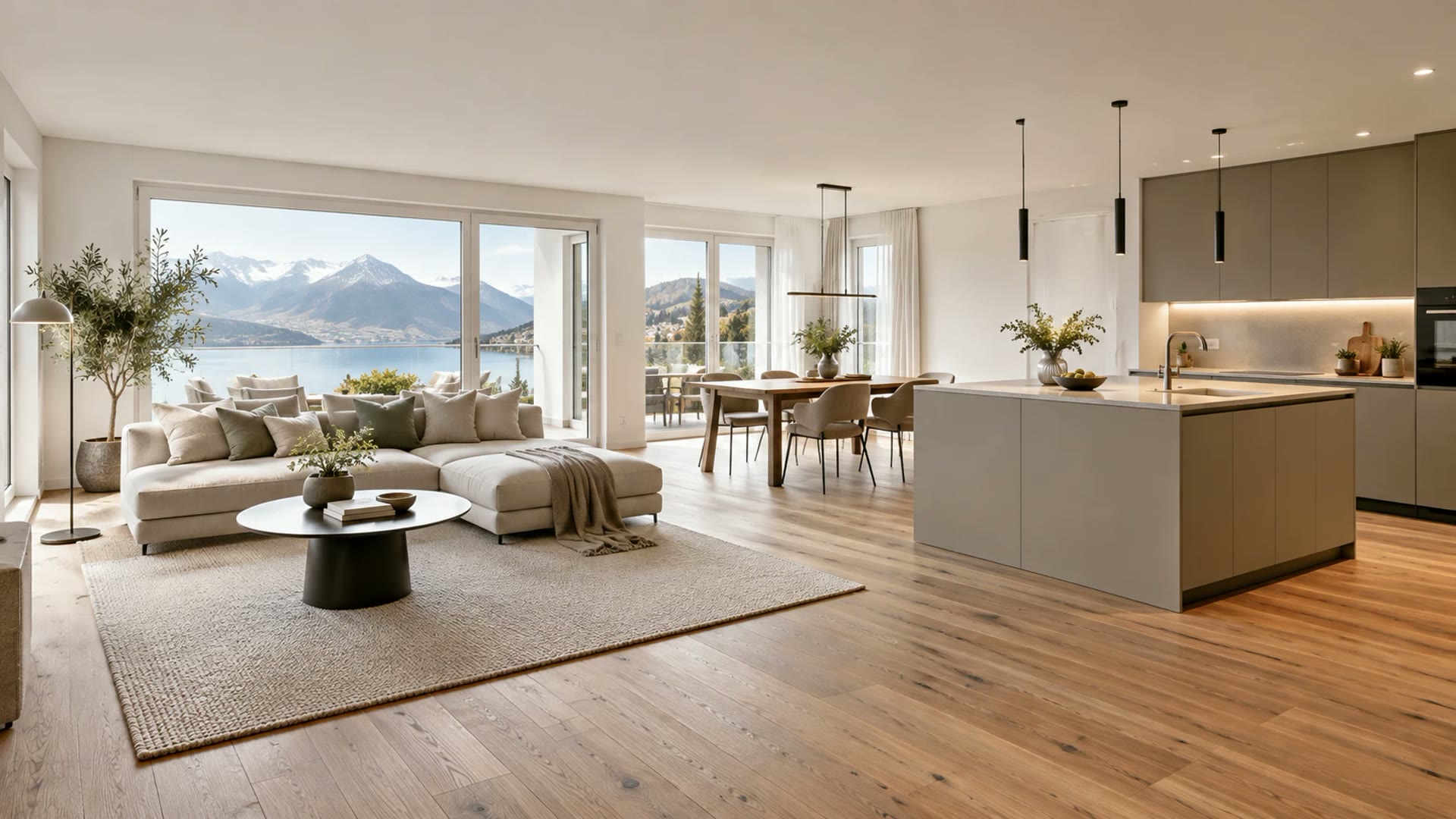 Helles Wohnzimmer mit offener Küche und Blick auf See und Berge, KI-Visualisierung